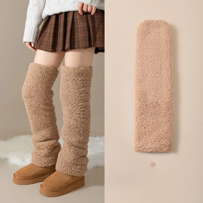 Funny Coral Fleece Knee High Socks Thickened Solid Color Leg Sleeves Long Warm Knee Pads Sleep