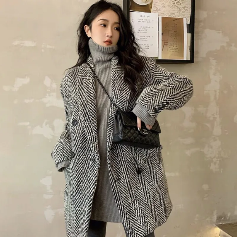 

High-end Women's Woolen Suit Jacket Autumn and Winter 2023 Mid-length Herringbone Coat Office Lady Slimming Casual Blazer Top