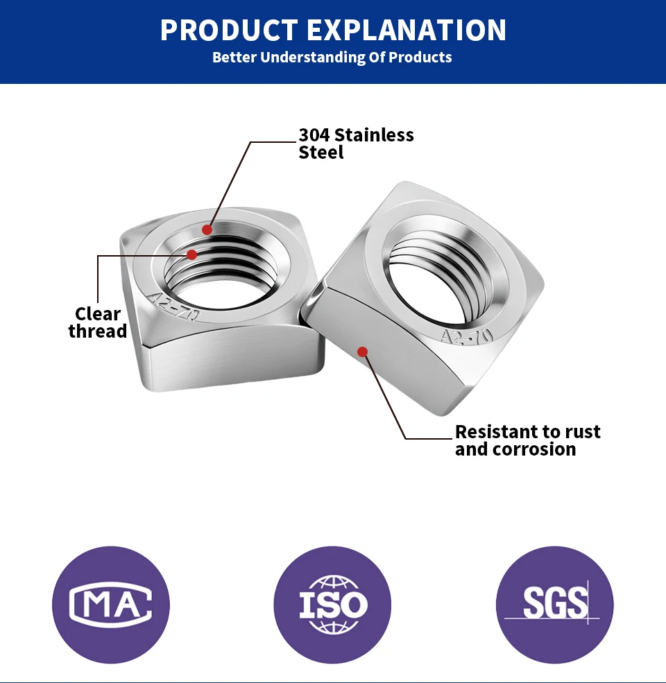 DIN557 Vierkantmuttern aus Edelstahl 304 M3 M4 M5 M6 M8 M10 M12 Vierseitige Muttern für industrielle Befestigungen – Detail 2