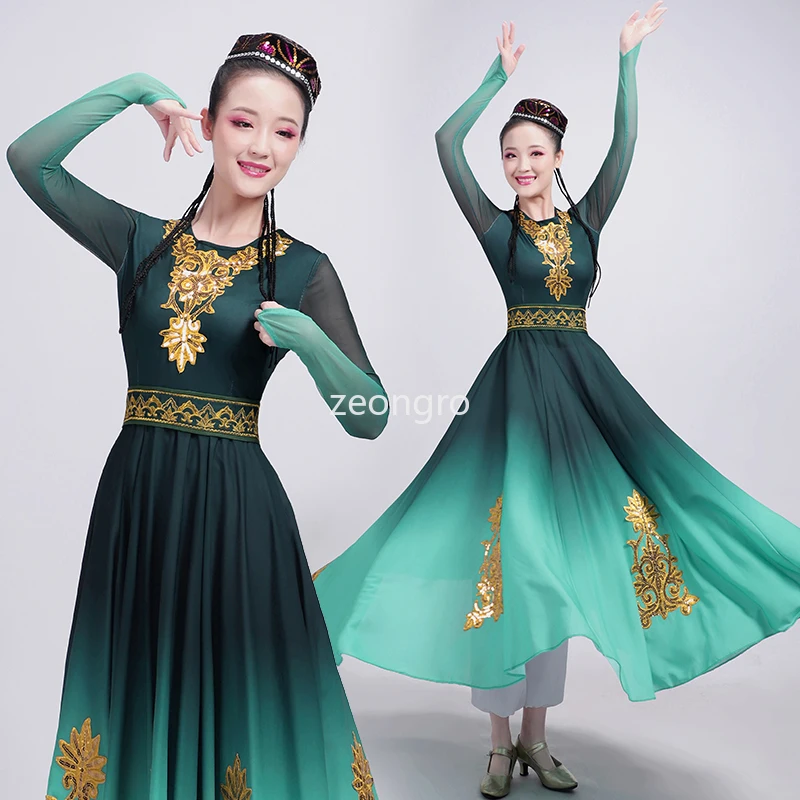 Elegante fantasia de dança Xinjiang para fêmea, vestido Uyur para performance de palco, dança folclórica asiática, adulto oblíquo, vestido chinês