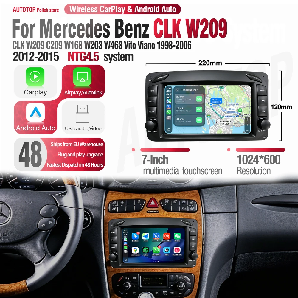 AUTOTOP Pantalla de radio para coche con sistema Linux de 7 pulgadas para Mercedes Benz CLK W209 C209 W168 W203 W463 Vito 1998-2006, CarPlay inalámbrico, Android Auto, radio para coche, pantalla táctil, monitor multimedia, navegación GPS, unidad principal estéreo, WiFi 1