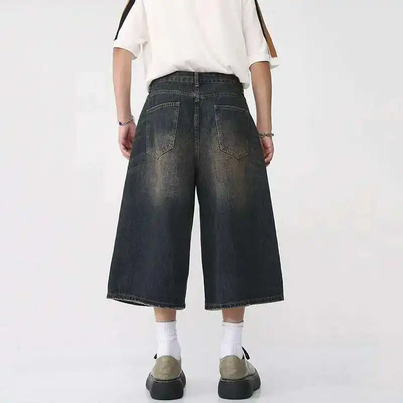 Vintage Korean Style Wide Leg Denim Shorts for Men - Washed Fashion Summer Jeans
