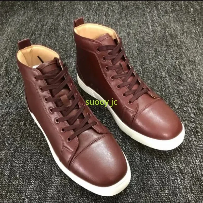 

Litchi Grain Leather Men's Sneakers High Red sole shoes Men Lace-Up Flats Male Round Toe Leisure Chaussures Sport Brown