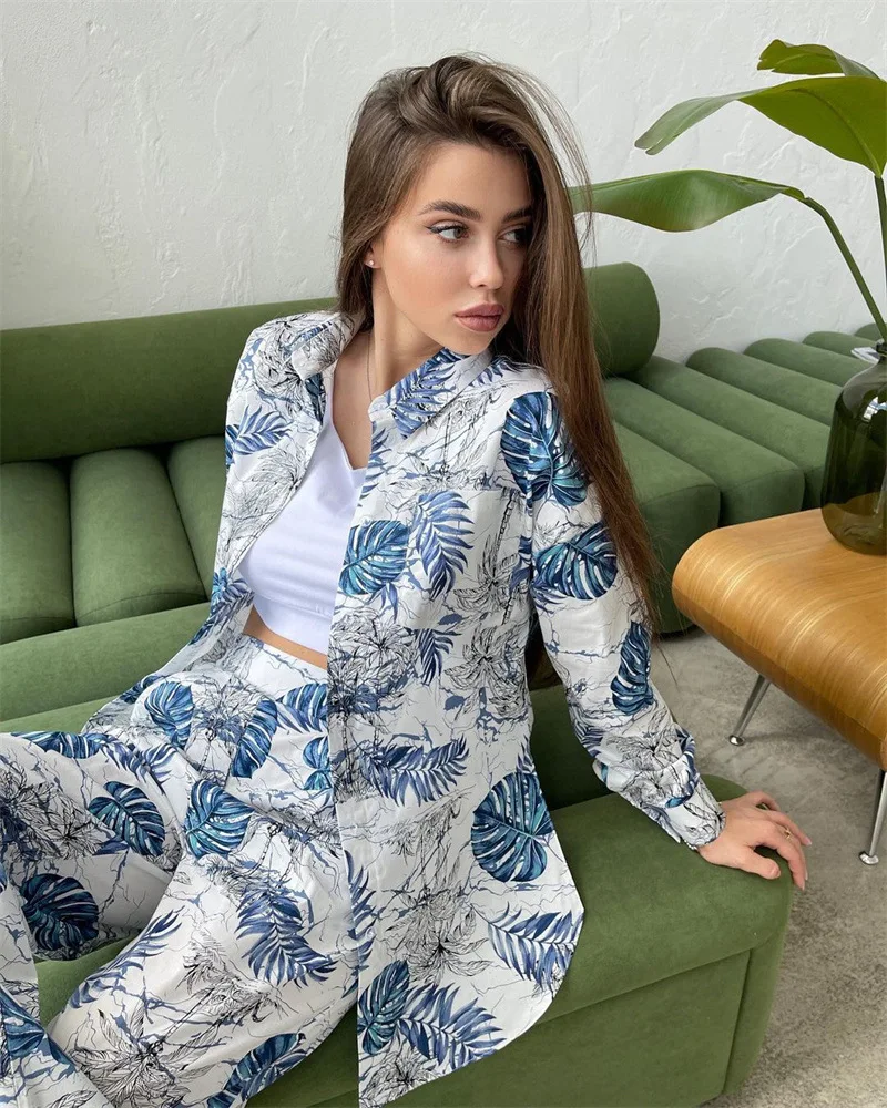 Pajamas for Women Floral Print 2 Piece Outfits Long Sleeve Button Down Shirt with Pants Set Loungewear Casual Loose Sleepwear