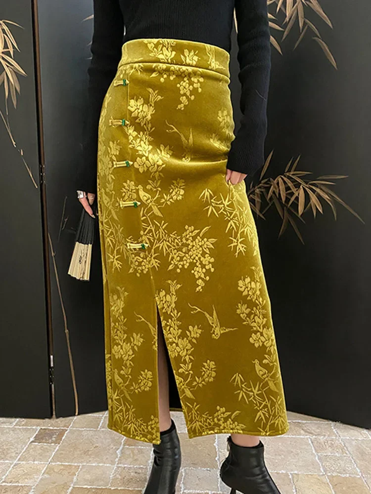 

Женская утепленная Жаккардовая юбка, бархатная юбка в китайском стиле с разрезом сбоку и принтом с пряжкой, весна-зима 2024