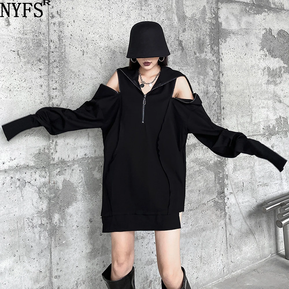 

NYFS 2023 Spring Autumn Woman Black T shirt Camo Oversized Big Size Tops Pullover Zip Collar Strapless Blusas Camisa Mujer