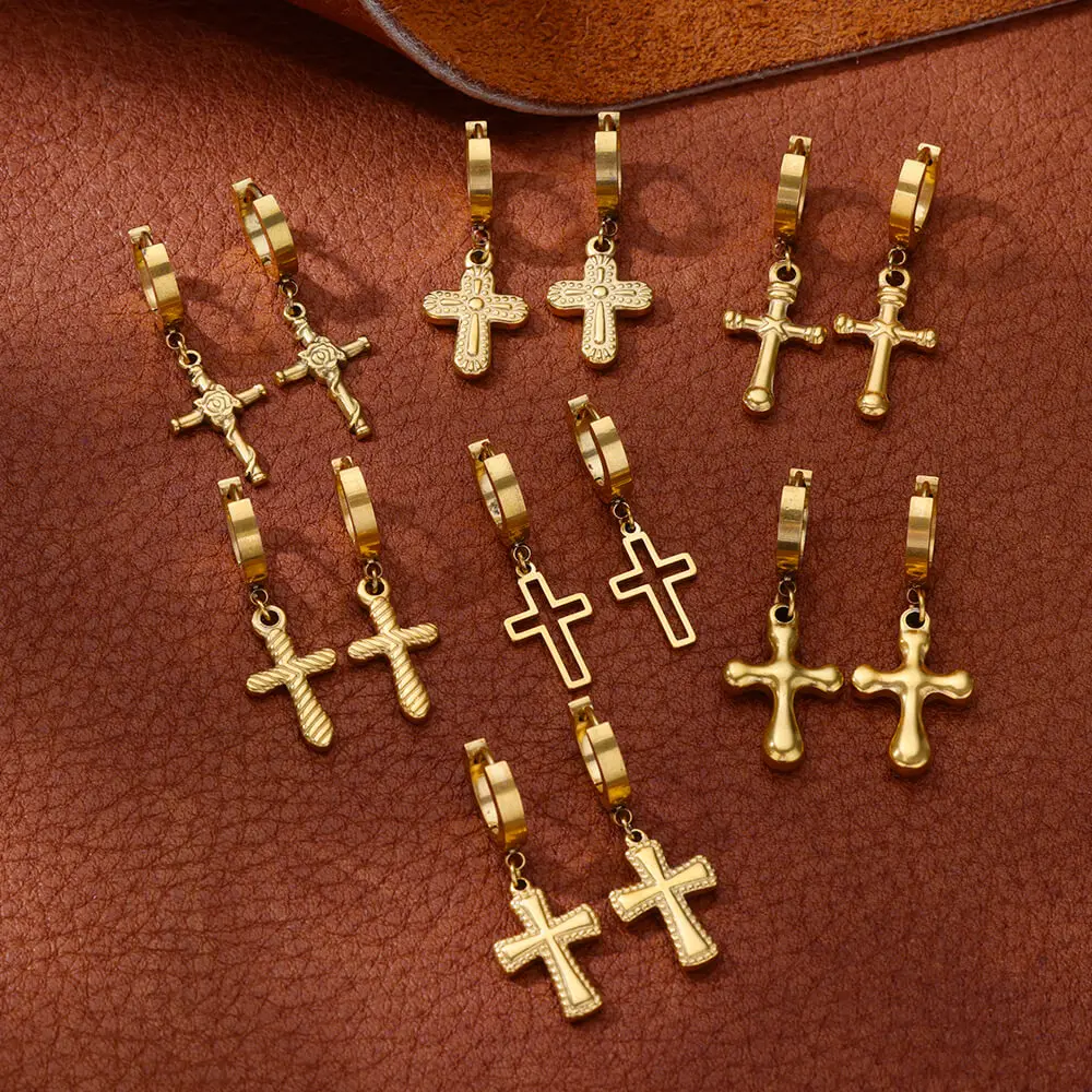 Cross Dangle Earrings for Women Girls Gold Color Stainless Steel Wedding Jewelry