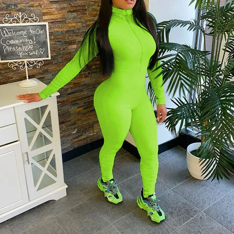 Womens Sexy Club Playsuit 2023 Autumn Zipper Long Sleeve One Piece Bodycon Rompers Slim Jumpsuit Turtleneck Tracksuit Sweatpants womens straps romper jumpsuit solid bib overalls beach playsuit harajuku korean short trousers traf official женская одежда