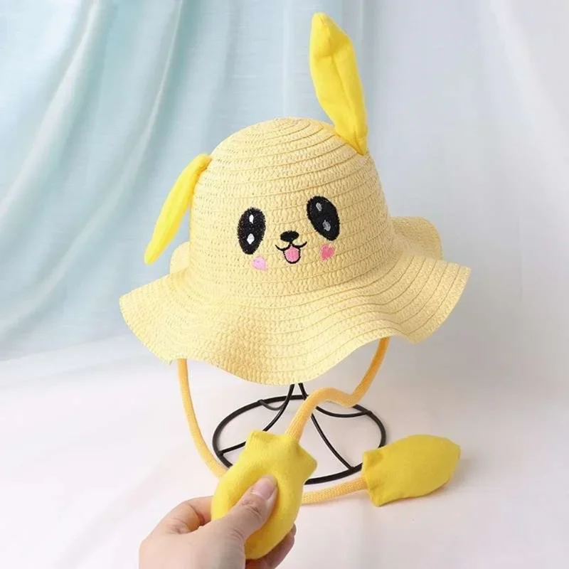 Rabbit Ear Sunshade Straw Hat Children Sun Hat Summer Sunscreen Ear Moving Bunny Hat Cosplay Party Holiday Hats 4-12 Years 2