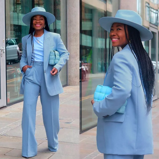 Sky Blue 2 Pcs Women Suits Pants Set Peaked Lapel Tailored Made