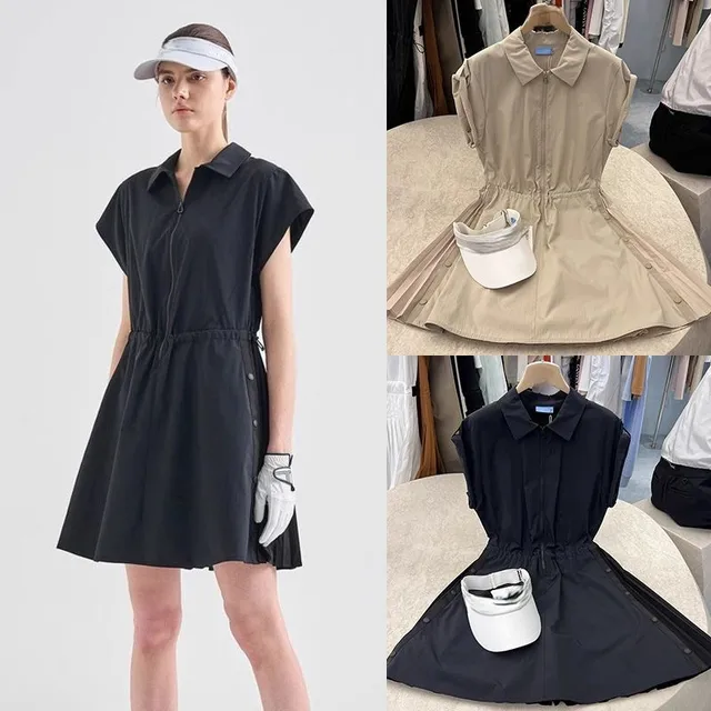 Nouvelle tenue de golf d'été : robe longue à col, cintrée à la taille, coupe flatteuse et discrète – couleur unie, minimaliste, respirante 1