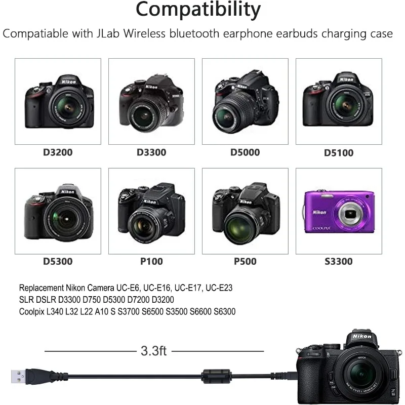 니콘 D750 D3200 D3300 D5000 P1 P50 P60 P300 P5100 L1 L2 L3 L110 L310 S01 S4 S9 S10 S70 S100 S210 S640 카메라용 USB 데이터 케이블