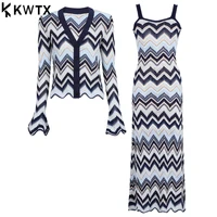 KWTX 2025 Women’s Set Fashion O-neck Long Sleeve Short Tops Slip Stripe Waist Knitted Dress Loose Pants Evening Party Autumn New