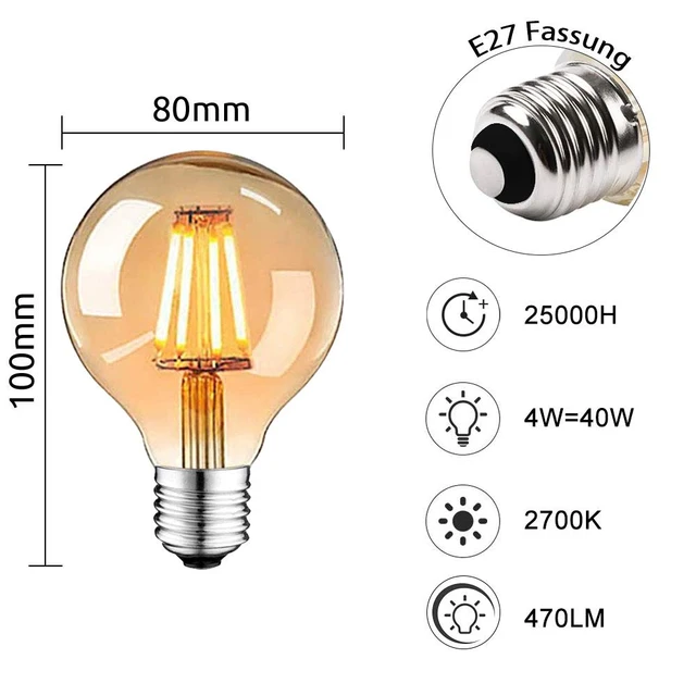 Zoomdo Ampoule Edison E27, Ampoule E27 Vintage Globe Lampe Filament Rétro  Ampoules G80 40W 220V Blanc Chaud (4 Pack)