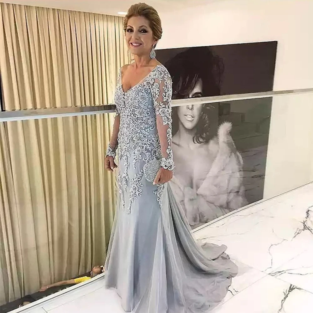 

Hot Sale Lace Silver Mother Of Bride Dresses for Marriage V Neckline Prom Gowns Long Seeves 2022 Summer Mère Formelle Robe