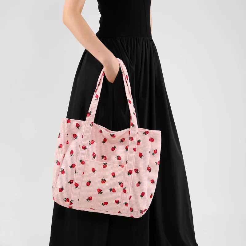 Corduroy Handbag Strawberries Beach Bag Fashionable Versatile Shoulder Bag LargeCapacity Simple Commuter Women's Tote Bag Bolsos