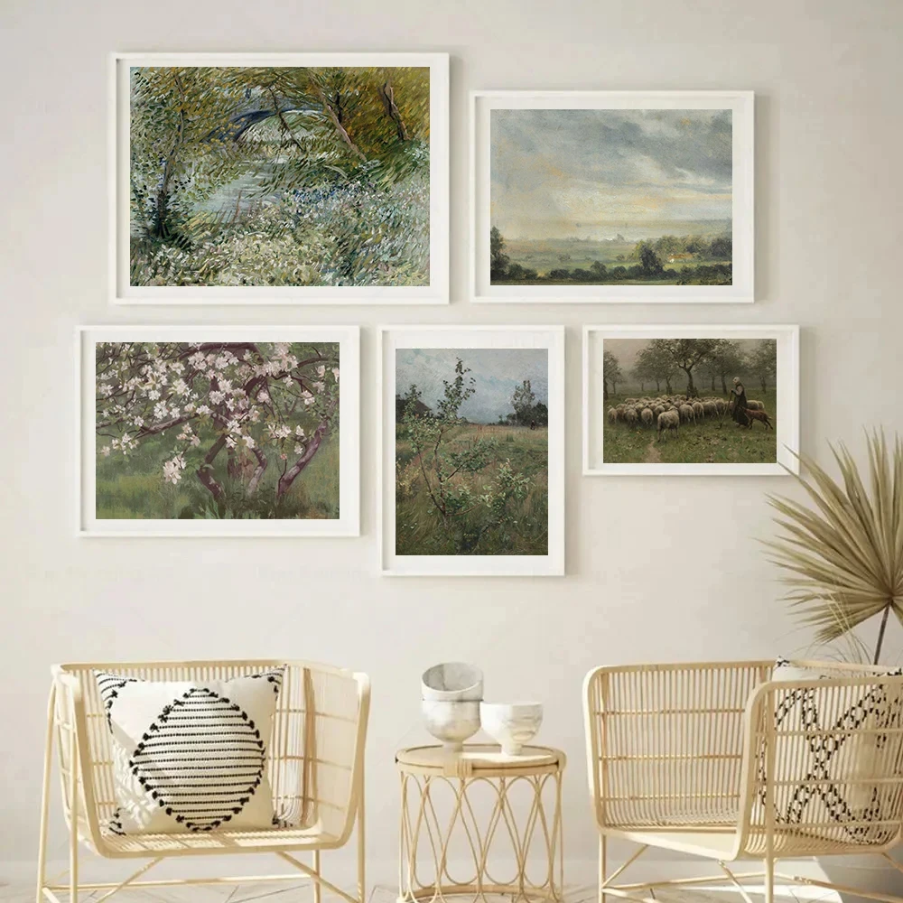 Vintage French Country Meadow Canvas Painting Wall Art