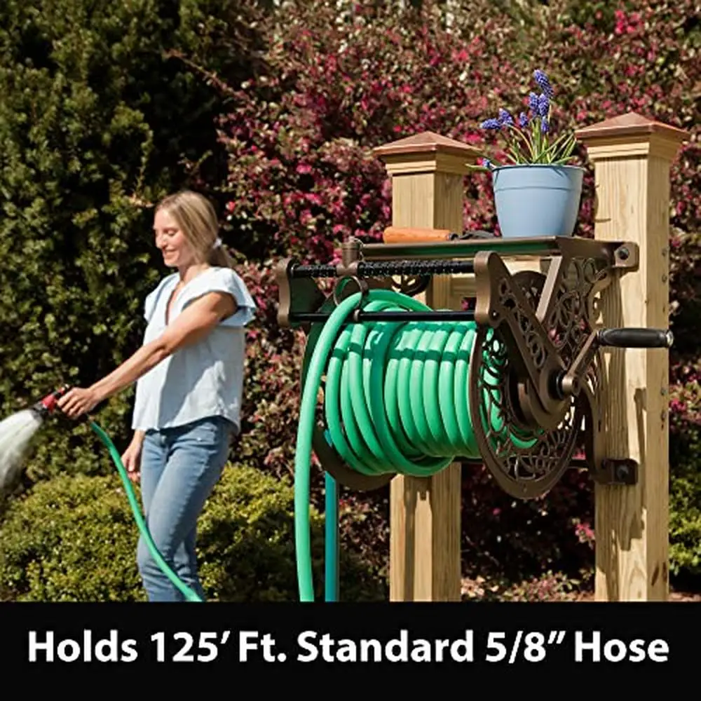 Decorative Aluminum Hose Reel Wall Mount 125ft Capacity Garden Tool Organizer Shelf Leader Hose