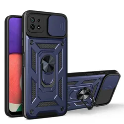 Shockproof Slide Lens Armor Phone Case with Magnetic Ring Holder - Enhanced Protection - Galaxy M22 (Navy Blue)