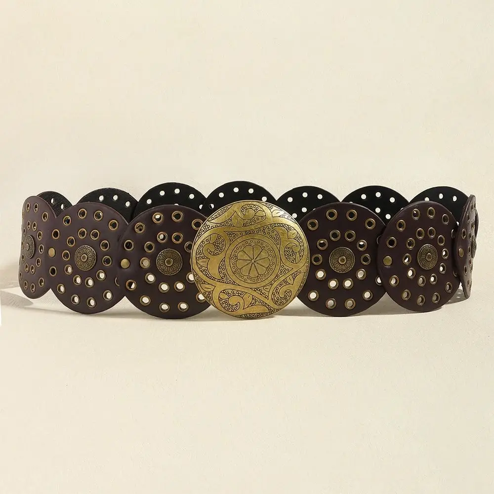 Runder Hohl gürtel Vintage Pu Disc breite Gürtel Metalls chnalle Cowboy Western-Stil übertrieben für Frauen verstellbar – Detail 8