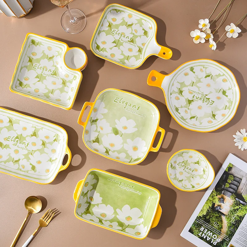 

INS Cute Ceramic Bakeware Home Underglaze Single Handle Bowl Binaural Baking Pan Salad Plate Kitchen Supplies Tableware