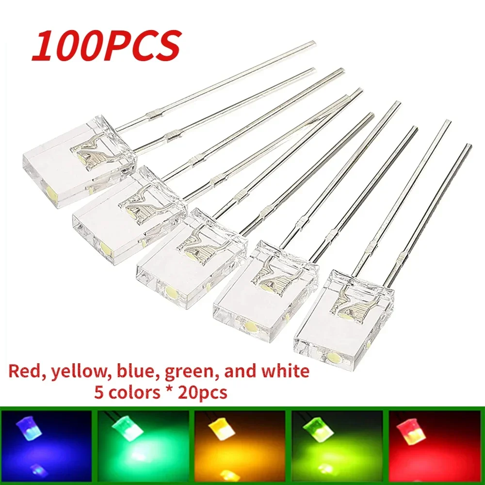 100PCS Square 2*5*7mm LED Diode LED Transparent Luminescence Lights Diodes Kit White Red Yellow Blue Green for Electronic DIY