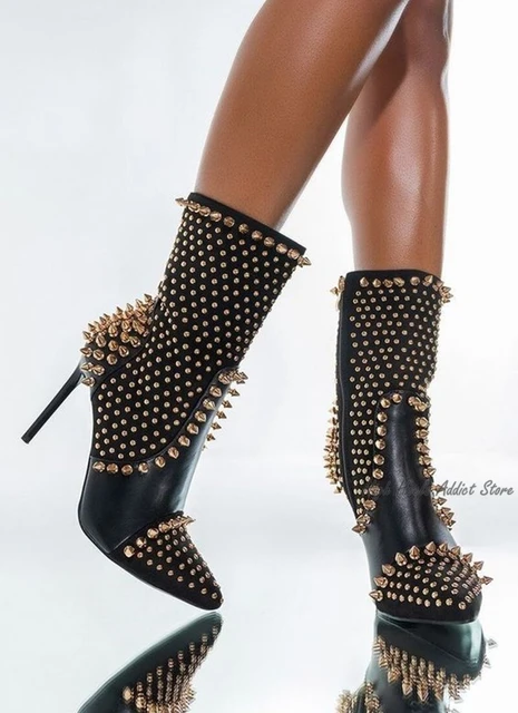 WMNS Platform High Heel Booties - Rugged Rubber Sole / Studded Ankle Strap  / Black