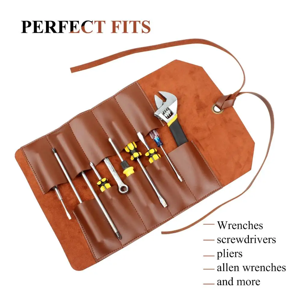 Leather Tool Bag Case Tool Roll Bag Pouch Case Organizer Holder Wrench Screwdriver Pliers Tool Pocket Storage Bag Case