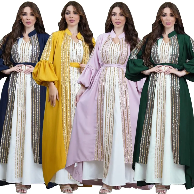 

Two Pieces Abaya Set Women Vest Long Dress with Chiffon Outerwear Mubarak Eid Muslim Moroccan Caftan Arabic Oman Dubai Jalabiya