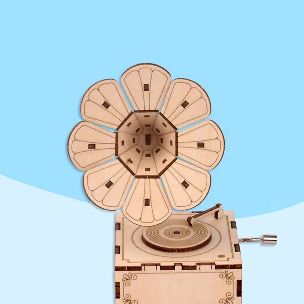 Creative DIY phonograph Sounding Music Box Mechanical Wooden Toys 3D Puzzle Wooden Puzzle Assembling Toy Gramophone Model 2