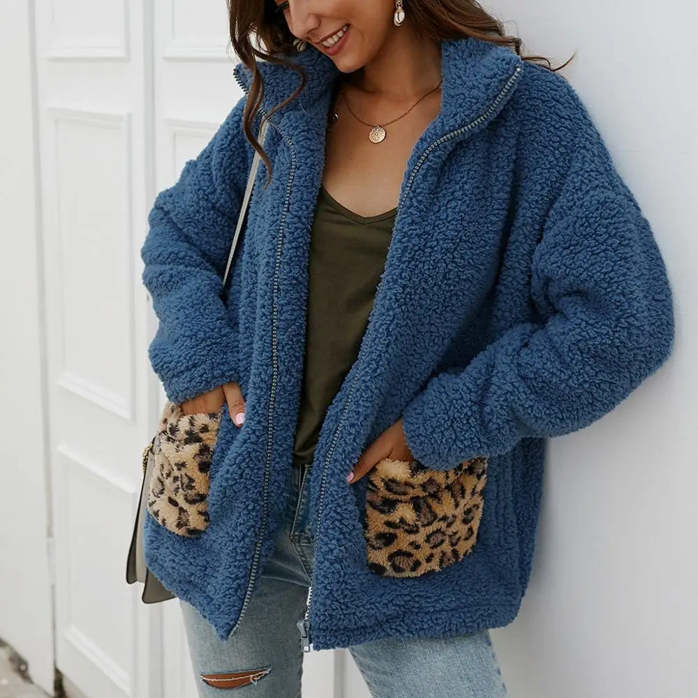 

Women Autumn Winter Zipper Faux Fur Teddy Coat Warm Soft Plush Fur Jacket Leopard Fashion Female Plush Overcoat Pocket Outwear