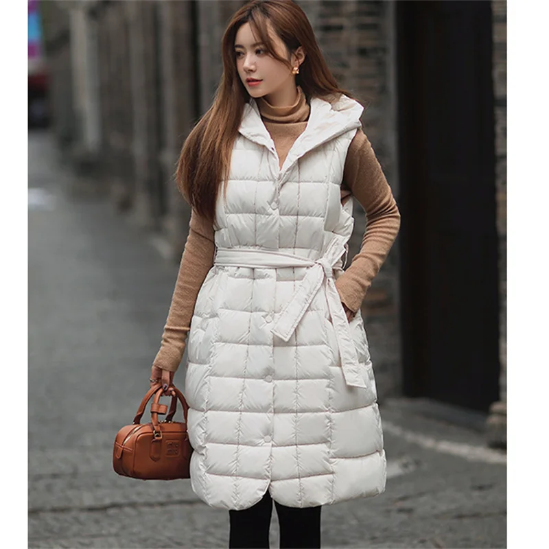 

With Belt Winter Warm Thicken Down Cotton Waistcoat Parkas Women Cotton-Padded Vest Jacket Lady Long Tank Hooded Sleeveless Coat