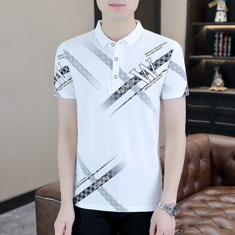 

Fashion Summer Men's Polo Shirt Business Casual Cotton Breathable Men Solid Color Print Stripe Short-sleeved T-shirt Tops