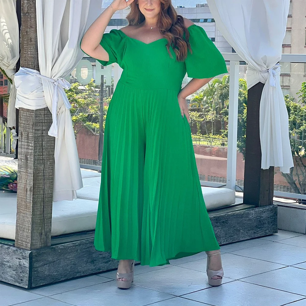 Pleated Jumpsuits & Rompers for Women V Neck Lantern Sleeve Solid High Waisted Ankle Length Elegant Birthday Party Dinner Outfit