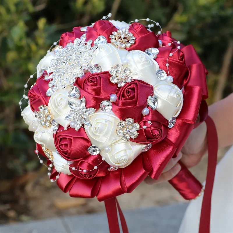 1pc Luxury Handmade Bouquet for Wedding Rhinestone Jewelry Decorated Ribbon Rose Flower Bridal Flower Party Decorations