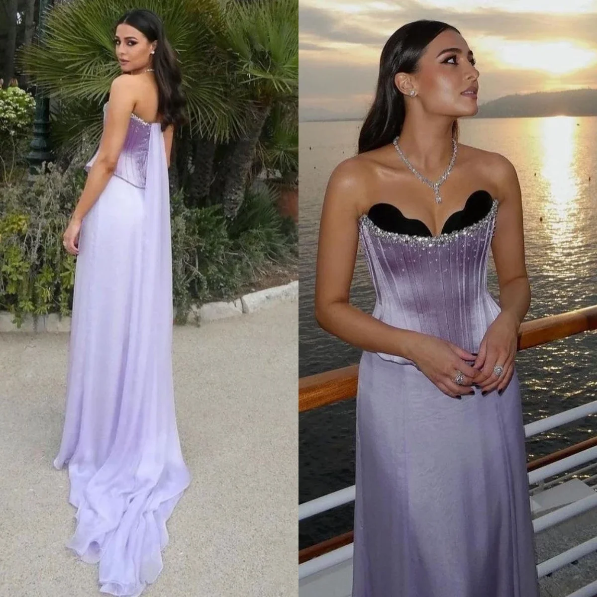 

Saudi Arabia Crystal Beads Lilac Prom Dresses Sweetheart Sleeveless Lace-up FloorLength Party Gown Formal Women Evening Dresses