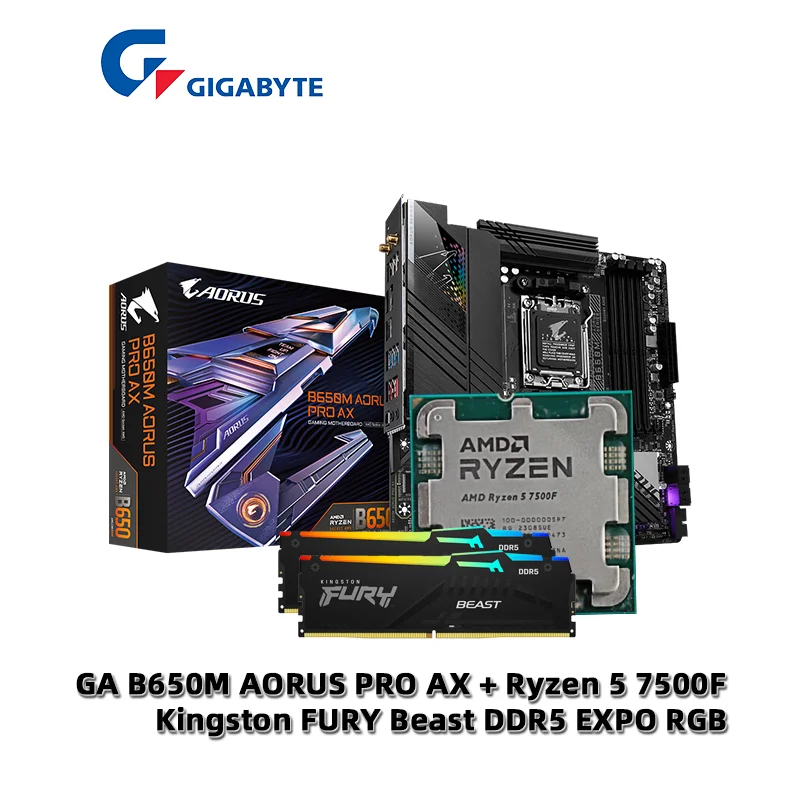 AMD Ryzen 5 R5 7500F CPU + GA B650M AORUS PRO AX 마더보드 + Kingston FURY Beast DDR5 32G (16G * 2) 5600 MHz EXPO RGB RAM