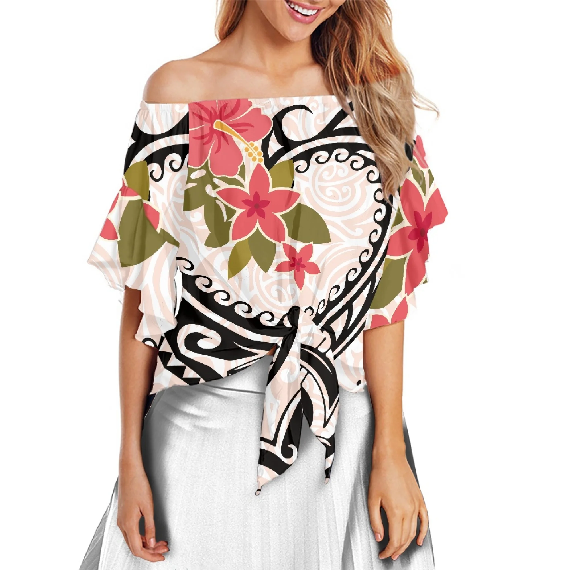 

Fashion Chiffon Shirts With Hawaiian Frangeria Pattern And Ethnic Style Off-The-Shoulder Tie Knot Are Hot Sellers This Summer