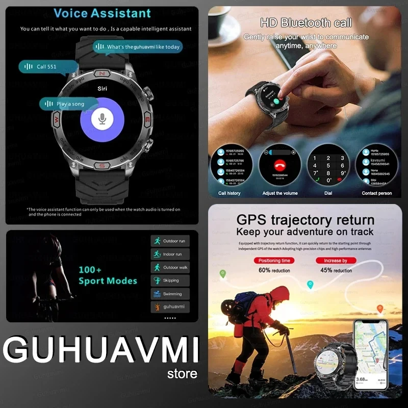 남성용 야외 스포츠 스마트 워치, GPS 나침반, AMOLED 스크린, 방수 블루투스 통화, 피트니스 스마트워치, 안드로이드 ios용, 2024 신제품