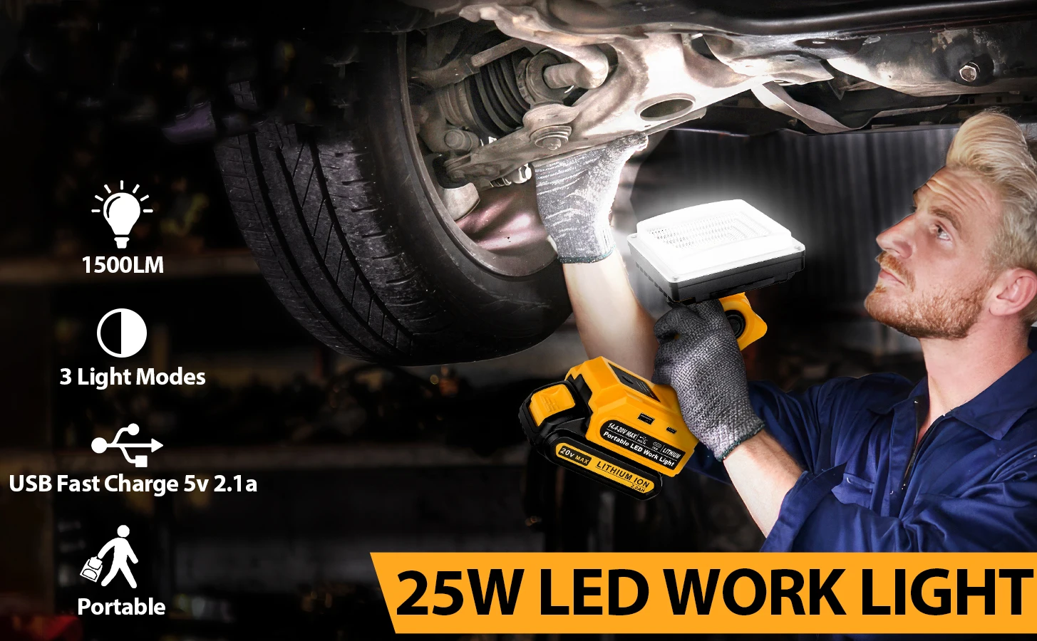 25W LED Work Light for Dewalt Battery Outdoor Flood Light with Fast Charging Por