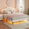 Full Size Bed Frame with LED Adjustable Headboard with Crystal Button Platform Bed for Girls Bed Frame Solid Wood Slats Support 4