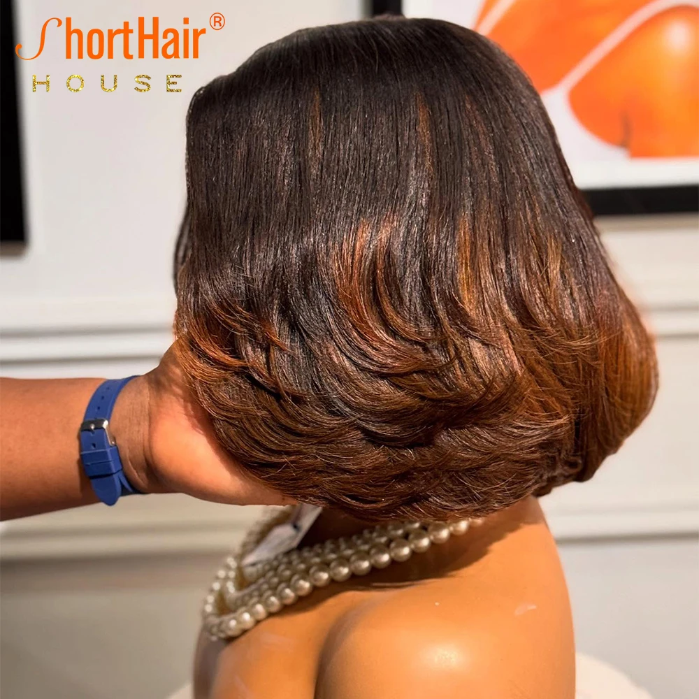 Human Hair Wigs Brown Highlight Pre-cut Lace Closure Wigs Glueless Human Hair Brazilian Reddish Brown Wavy Layered Wave