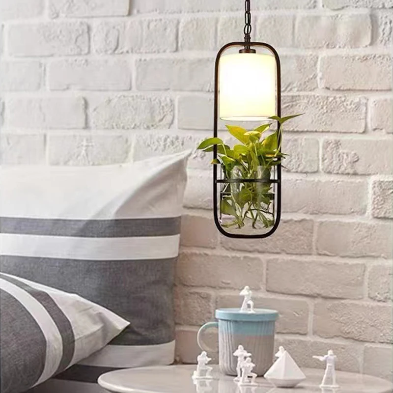 

Modern E14 Plant pendant lamp black iron cage Glass Cloth lampshade droplight Hydroponic plant light fixtures Restaurant hanging