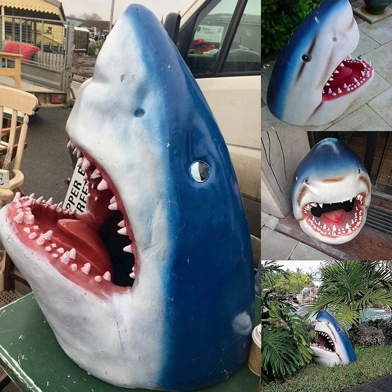 

Creative White Shark Garden Art Statue Resin Lifelike White Shark Head Crocodile Sculpture Wall Hanging Home Yard Garden Decor