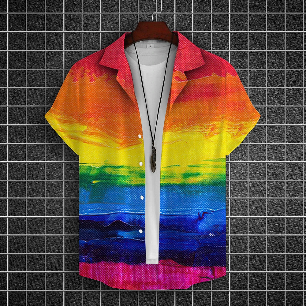 Summer Oversized Romantic Men's Shirt Rainbow Pattern Fashion Short Sleeve Print Top Simple Street Loose Hawaiian casual short sleeved shirt,short sleeved shirt,hawaiian shirt