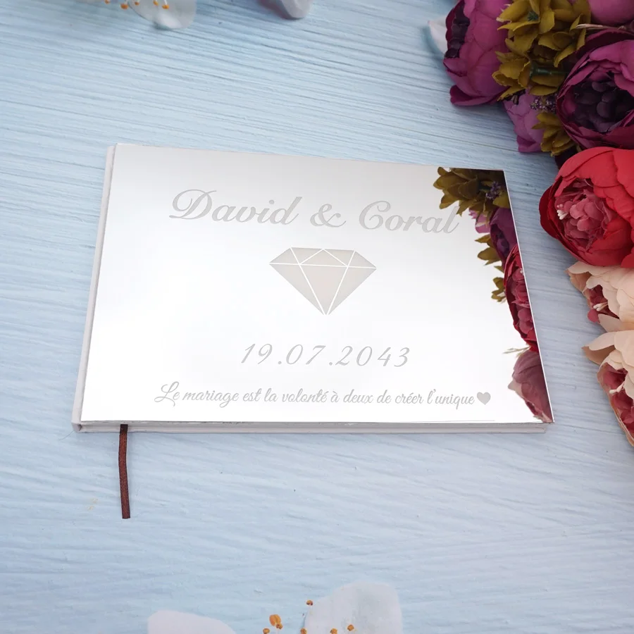 25*18cm Personalized Acrylic Mirror Cover With Diamond Design Wedding Guestbook Birthday Gift Lovers Names Journal Book