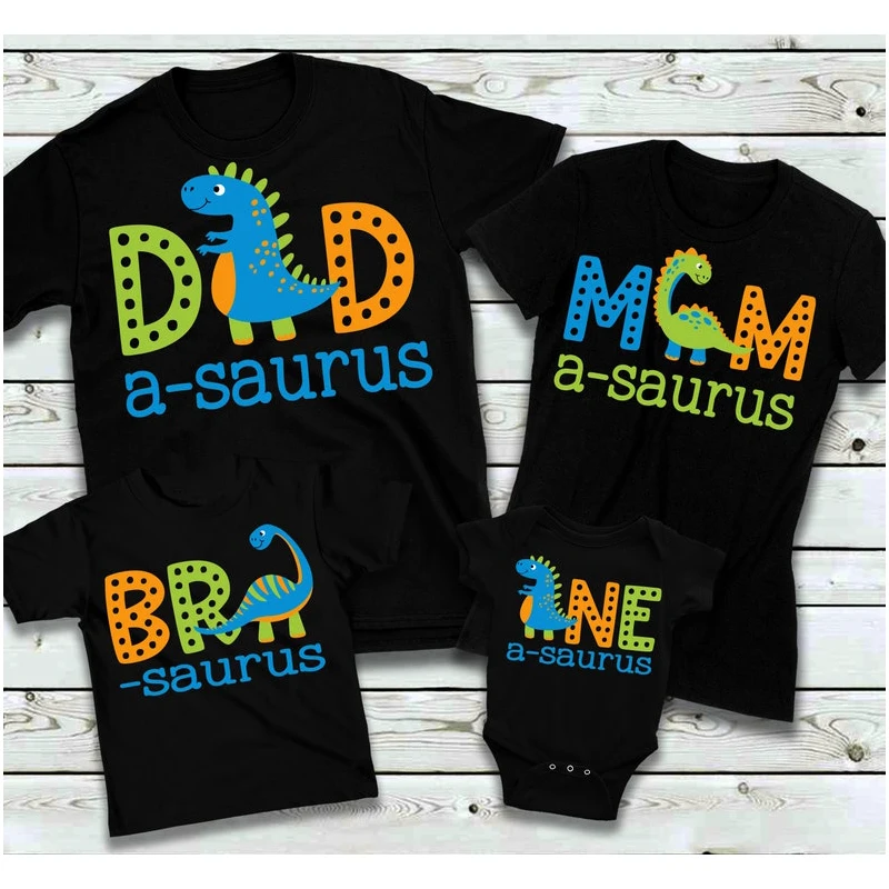 Birthday T-shirt Dinosaur 1st Birthday Family on Black Shirts-Dino 1st Boy Mama Saurus Daddy Green Orange BlueT Shirt