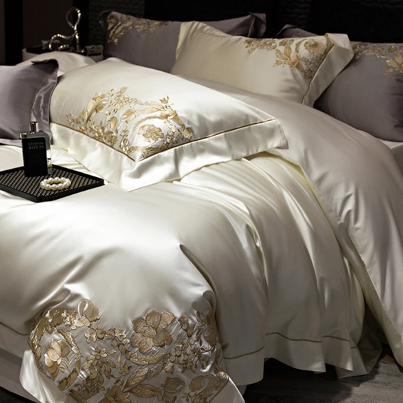 Gorgeous Gold Embroidery Brocade Egyptian Cotton Soft Glossy Bedding Set Duvet Cover Set Bed Sheet/Fitted Sheet Pillowcases 4Pcs 4