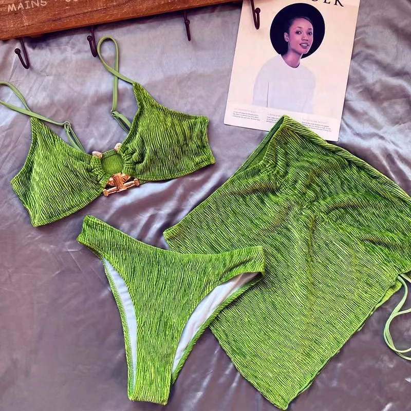 3 Pieces Sexy Bikini Set 2023 New Brazilian Women Swimwear With Skirt Velvet Pleated Beachwear Cover-up Bathing Bikinis Suits