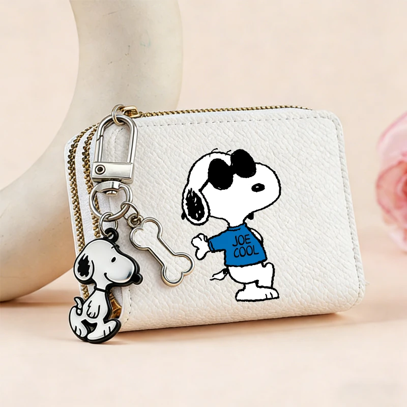 Kawaii Snoopy Dog Short Coin Purse with Card Slots Double Zipper Wallet Credit Card Holder Coin Bag for Women Girl
